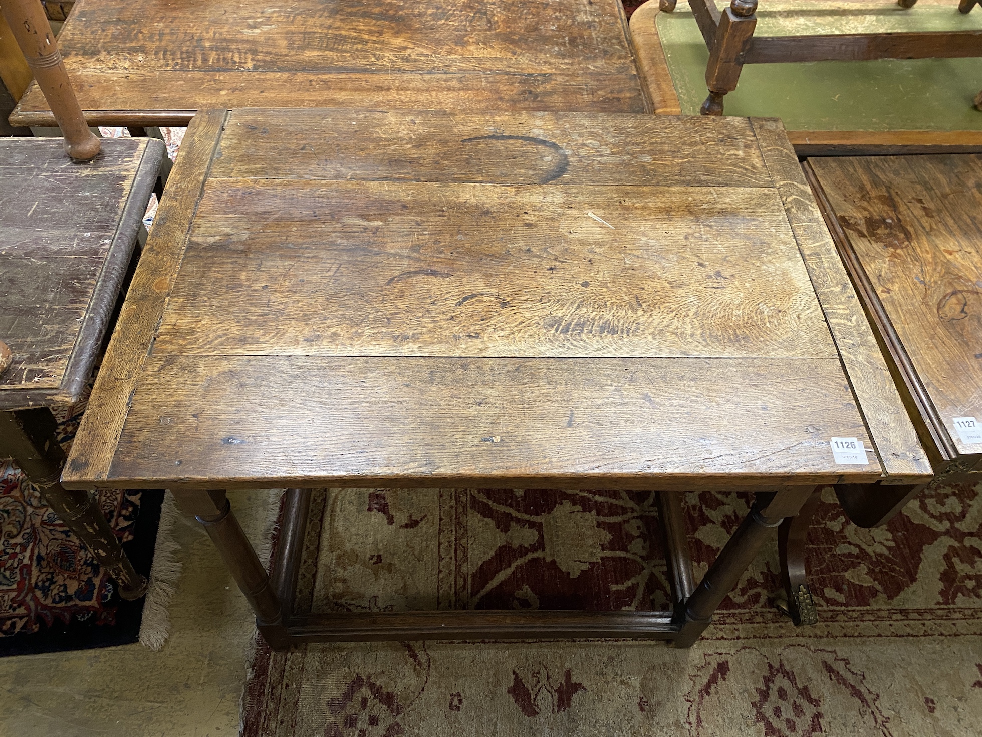 An 18th century rectangular oak side table, width 103cm, depth 74cm, height 78cm